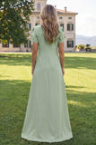 Round Neck Blue A Line Floral Long Wedding Guest Dress with Sleeves