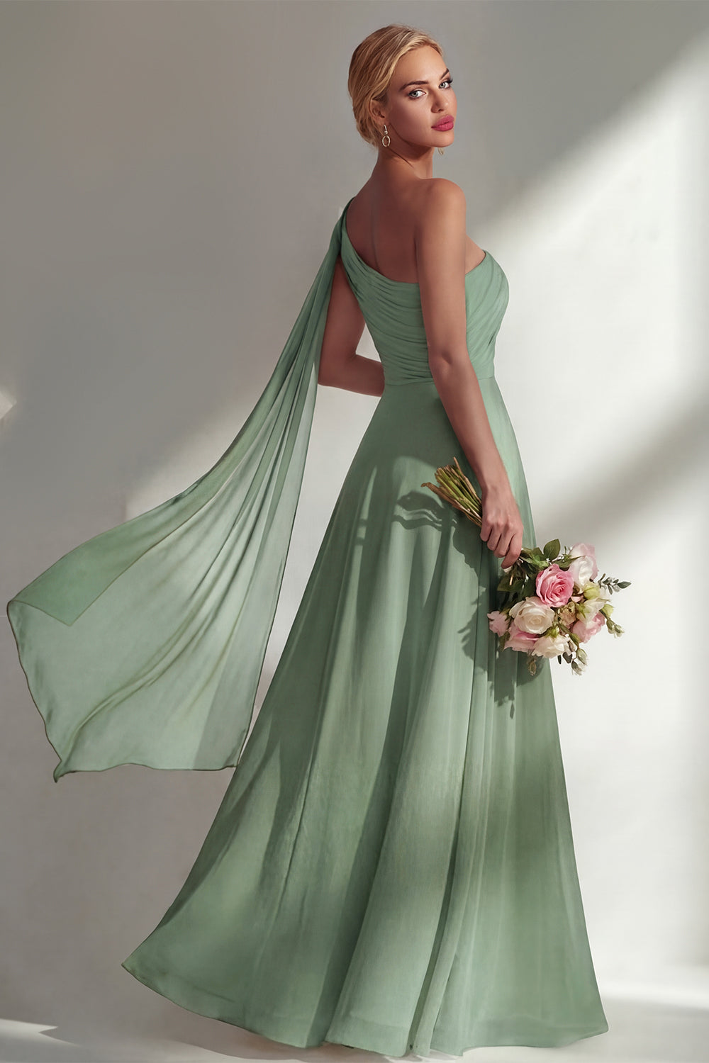 One Shoulder Ruched Burgundy A Line Long Beach Bridesmaid Dress with Side Cape