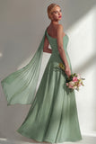 One Shoulder Ruched Burgundy A Line Long Beach Bridesmaid Dress with Side Cape