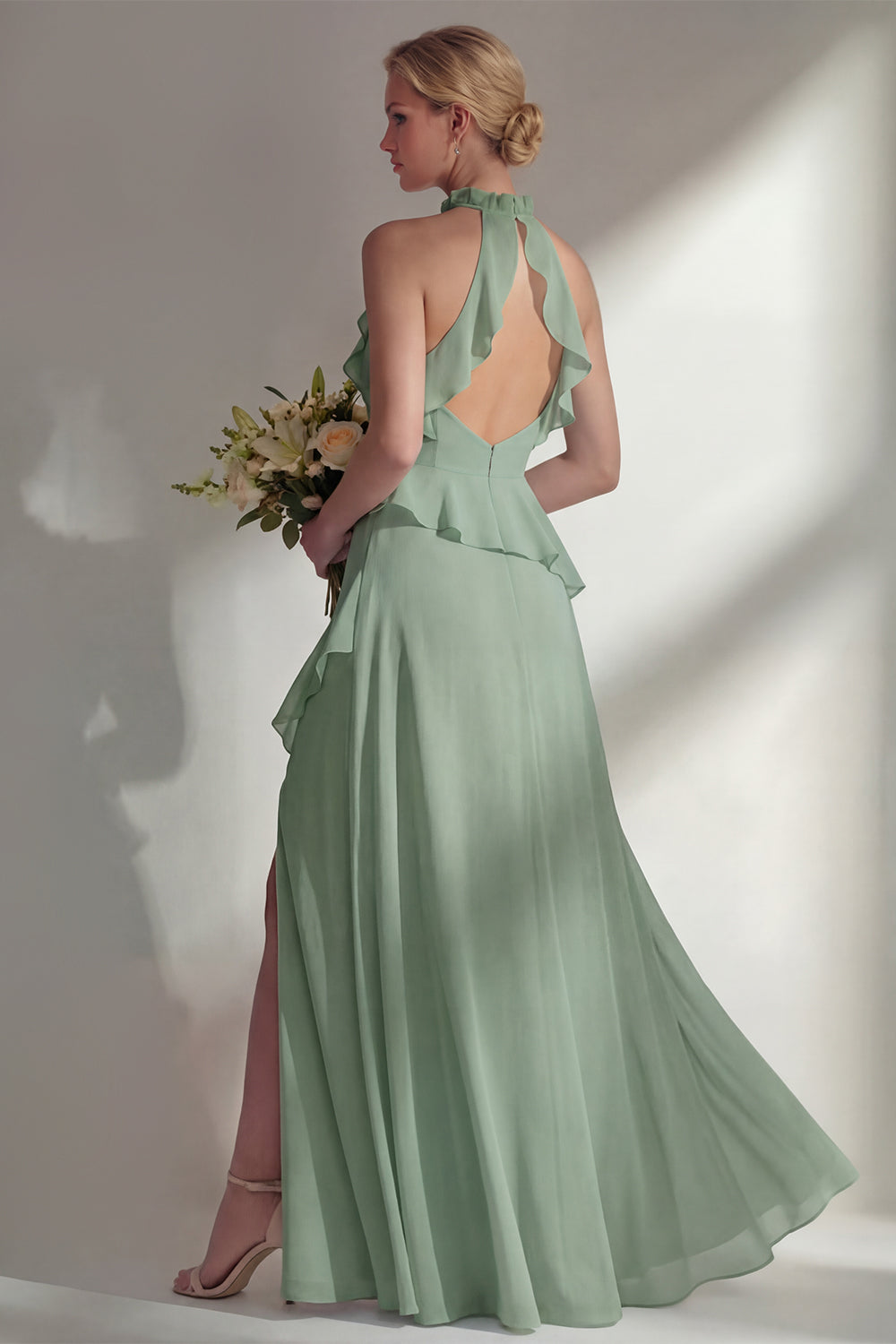 A Line High Neck Ruffled Butter Yellow Long Beach Bridesmaid Dress with Slit