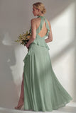 A Line High Neck Ruffled Butter Yellow Long Beach Bridesmaid Dress with Slit