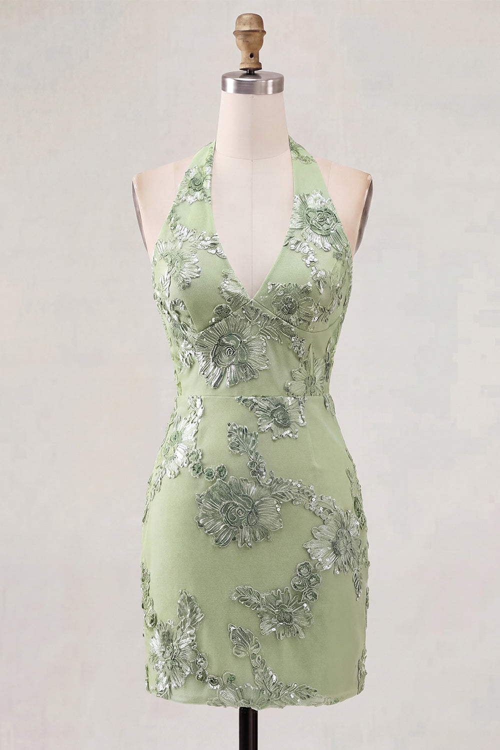 Light Blue Halter Floral Tight Short Backless Homecoming Dress