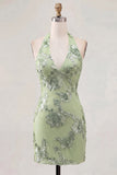 Light Blue Halter Floral Tight Short Backless Homecoming Dress