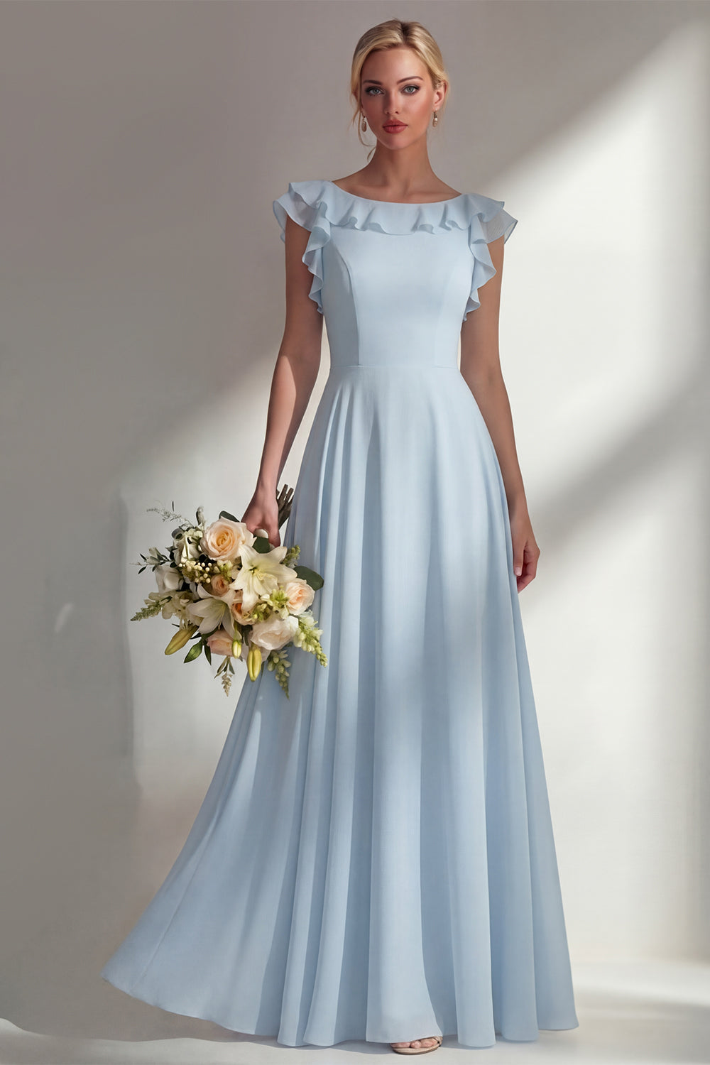 Boat Neck A Line Dusty Blue Long Beach Bridesmaid Dress with Ruffles
