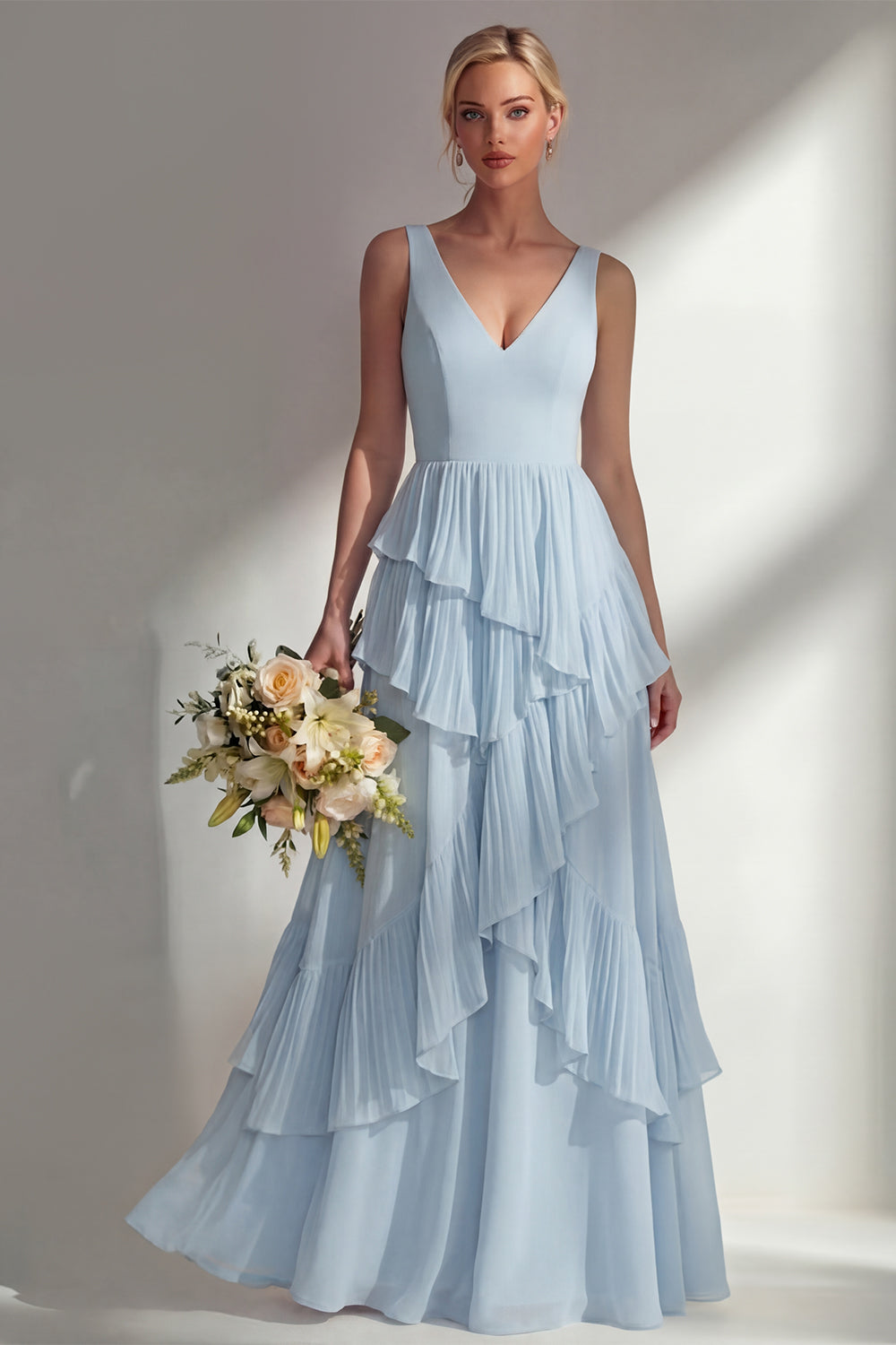 V-Neck A Line Light Pink Long Beach Bridesmaid Dress with Ruffles