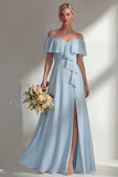 Off the Shoulder A Line Ruffled Sage Green Long Beach Bridesmaid Dress with Slit