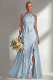 A Line High Neck Ruffled Butter Yellow Long Beach Bridesmaid Dress with Slit