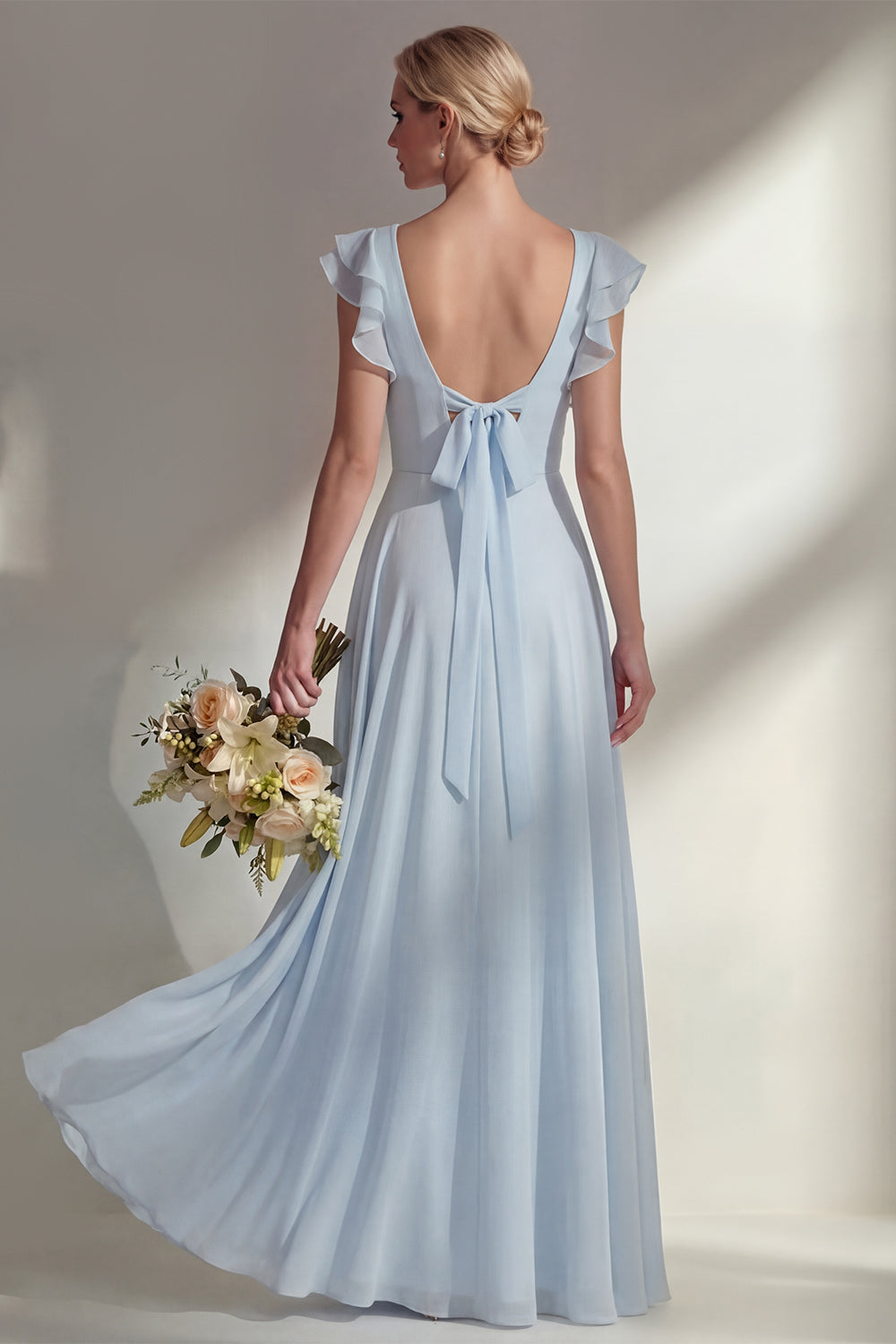 Boat Neck A Line Dusty Blue Long Beach Bridesmaid Dress with Ruffles