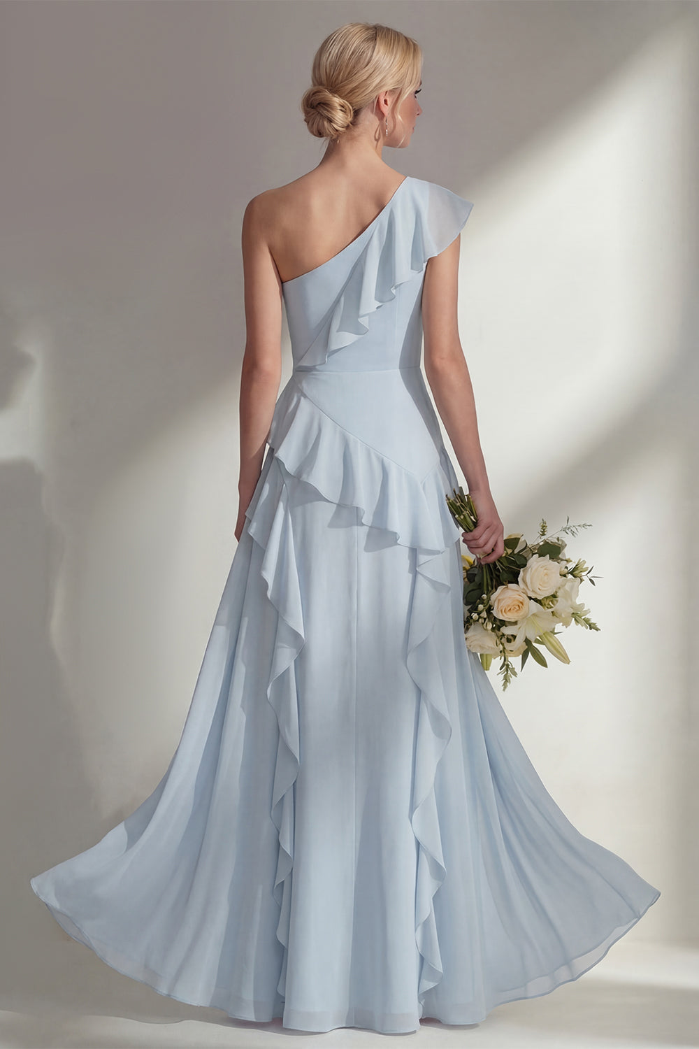 Emerald One shoulder A Line Ruffled Long Beach Bridesmaid Dress with Slit