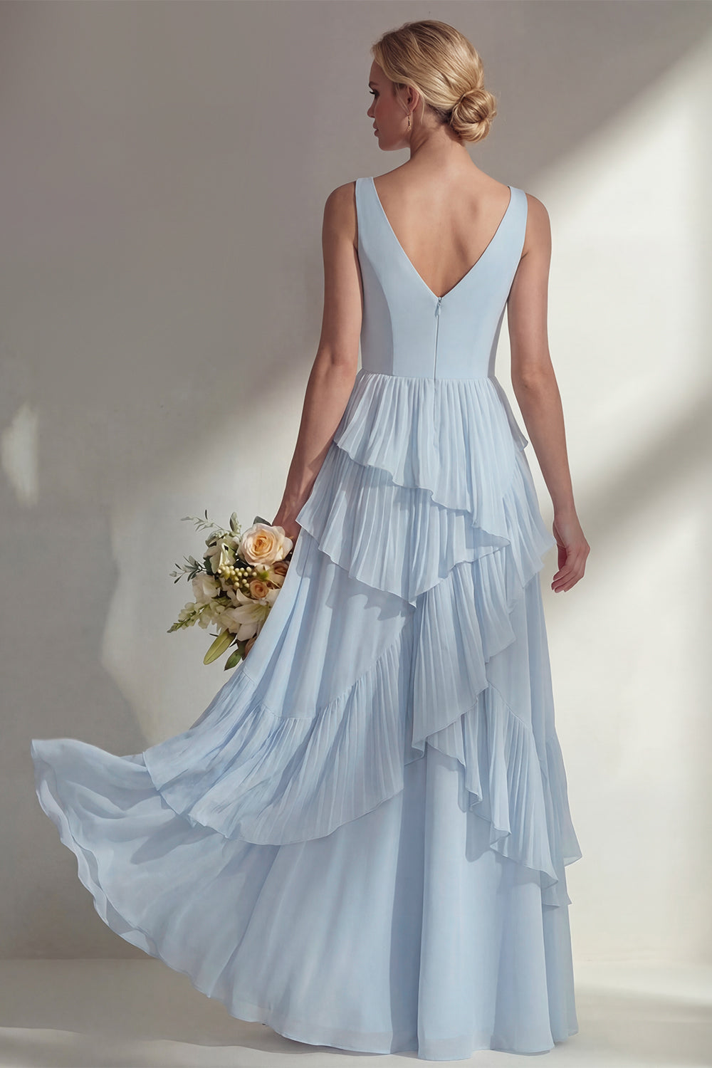 V-Neck A Line Light Pink Long Beach Bridesmaid Dress with Ruffles