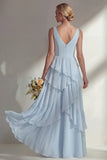 V-Neck A Line Light Pink Long Beach Bridesmaid Dress with Ruffles
