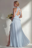 A Line High Neck Ruffled Butter Yellow Long Beach Bridesmaid Dress with Slit