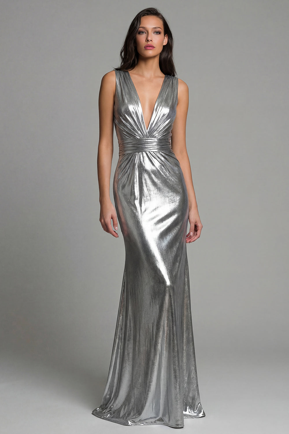 Sparkly Gold Deep V-Neck Metallic Long Formal Dress