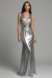 Sparkly Gold Deep V-Neck Metallic Long Formal Dress