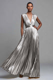 Sparkly Gold Deep V-Neck Metallic Pleated A-Line Long Formal Dress