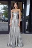 Gold Sweetheart Metallic A-Line Pleated Long Prom Dress