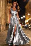 Sparkly Gold Metallic Ruched V-Neck A-Line Long Formal Dress with Slit