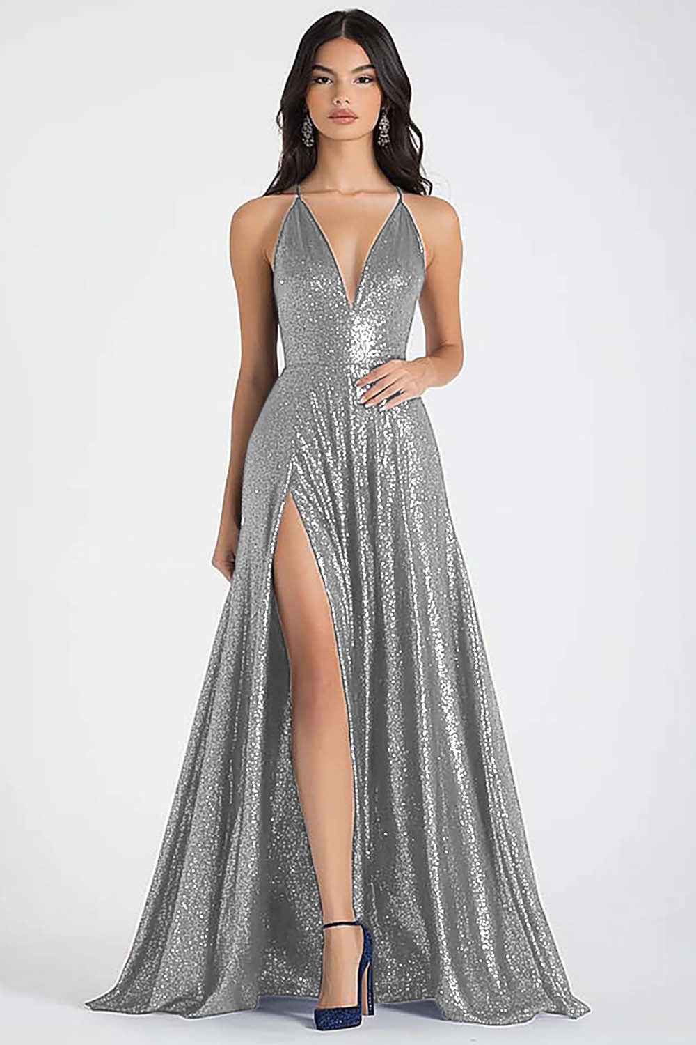 Sparkly Navy A Line Sequins Ruched Long Prom Dress with Slit