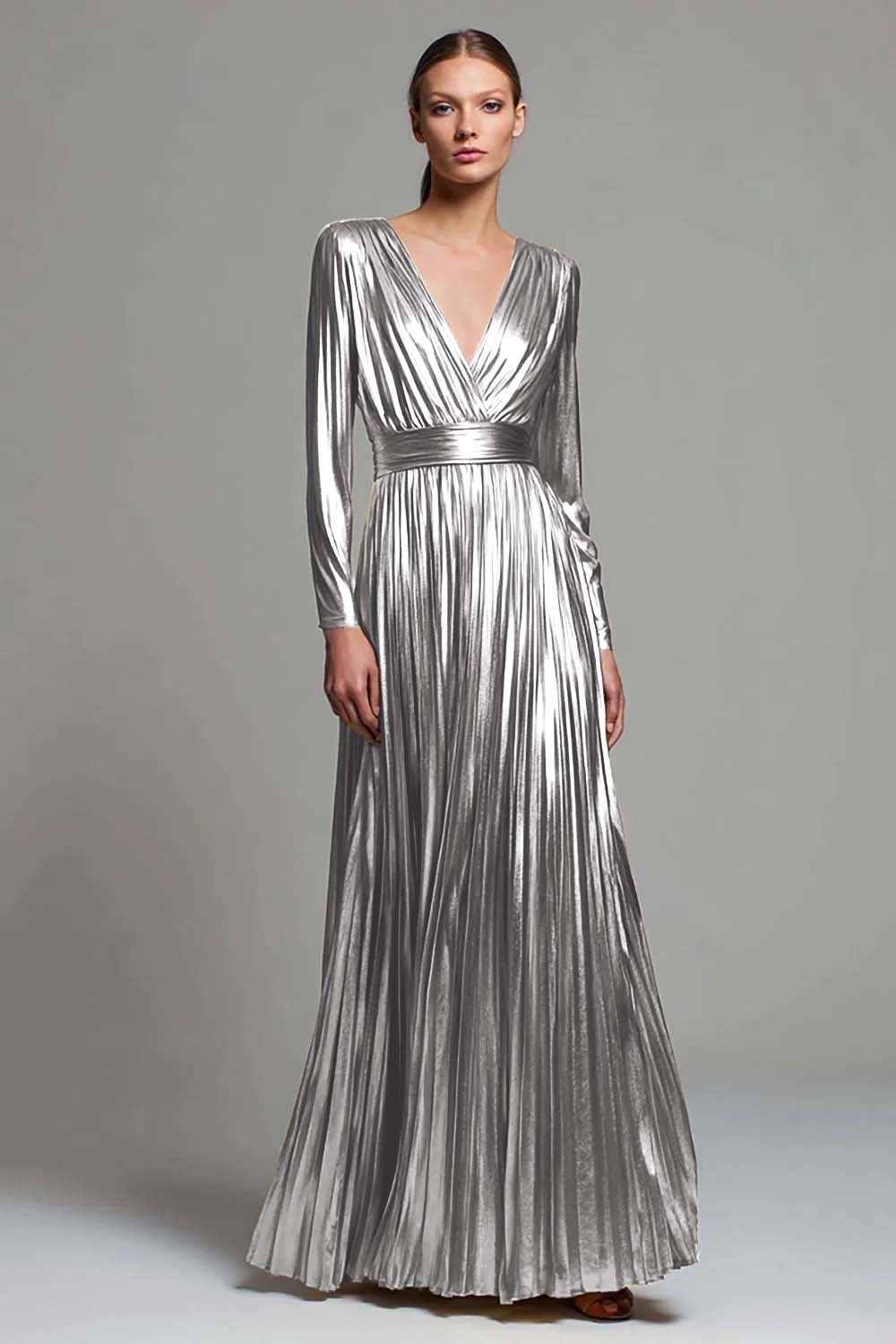 Sparkly Gold Metallic Long Formal Dress with Sleeves Pleated V-Neck A-Line Holiday Party Dress