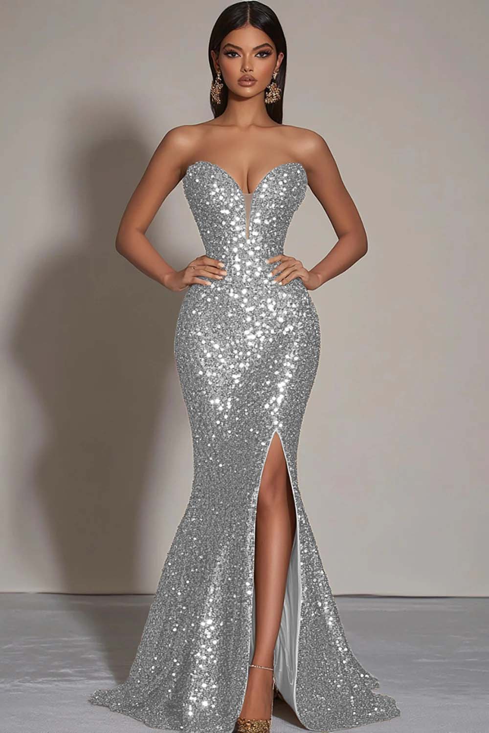 Sparkly Gold Mermaid Long Sequins Formal Dress with Slit