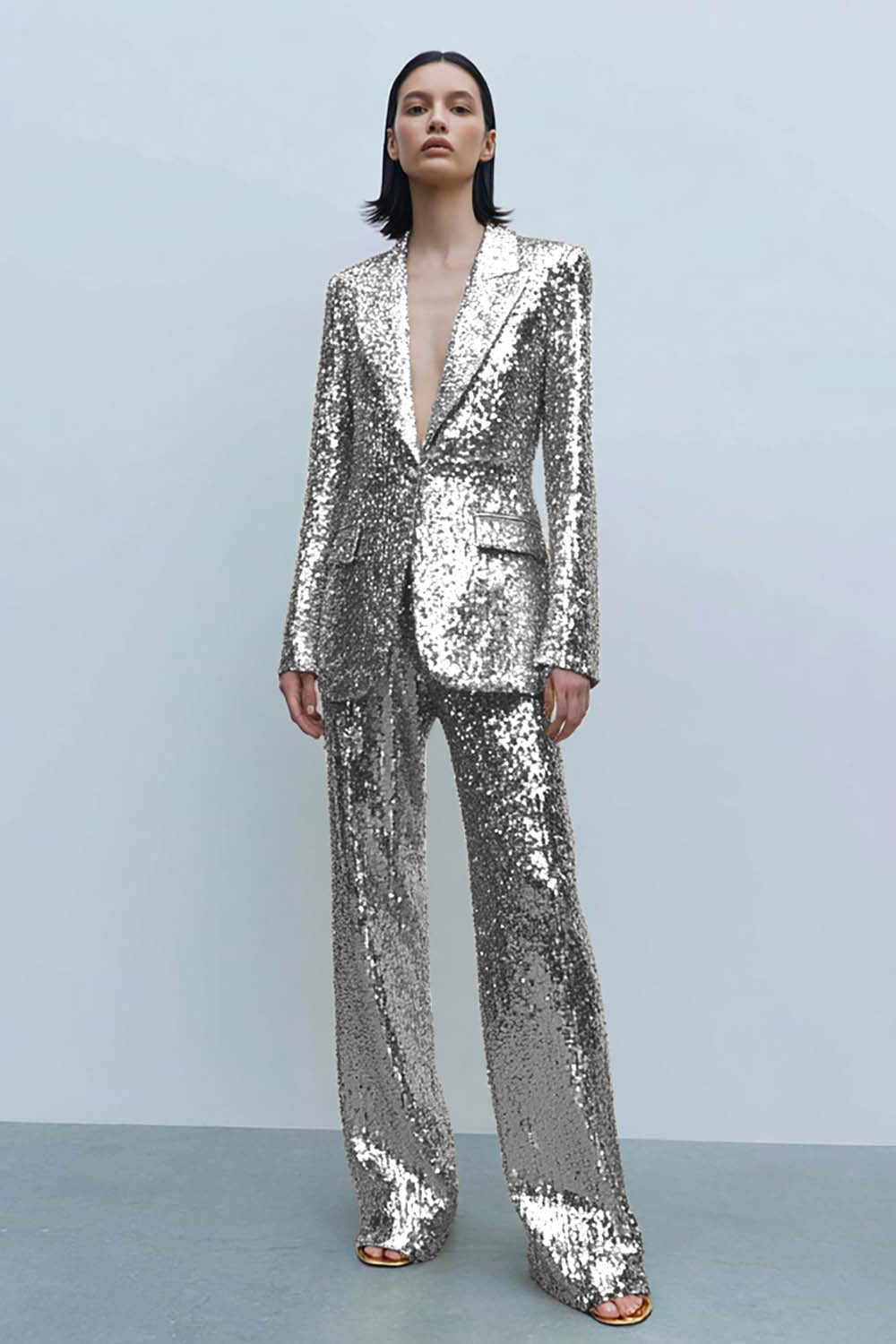 2 Piece Sparkly Gold Sequins Women Prom Suits with Pockets