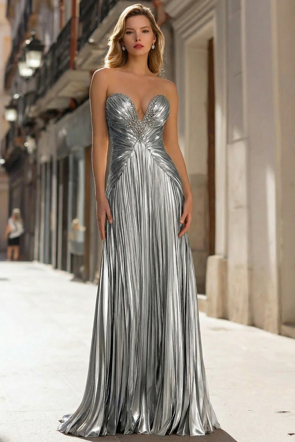 Sparkly Gold Metallic Pleated Strapless Long Prom Dress
