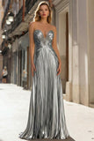 Sparkly Gold Metallic Pleated Strapless Long Prom Dress