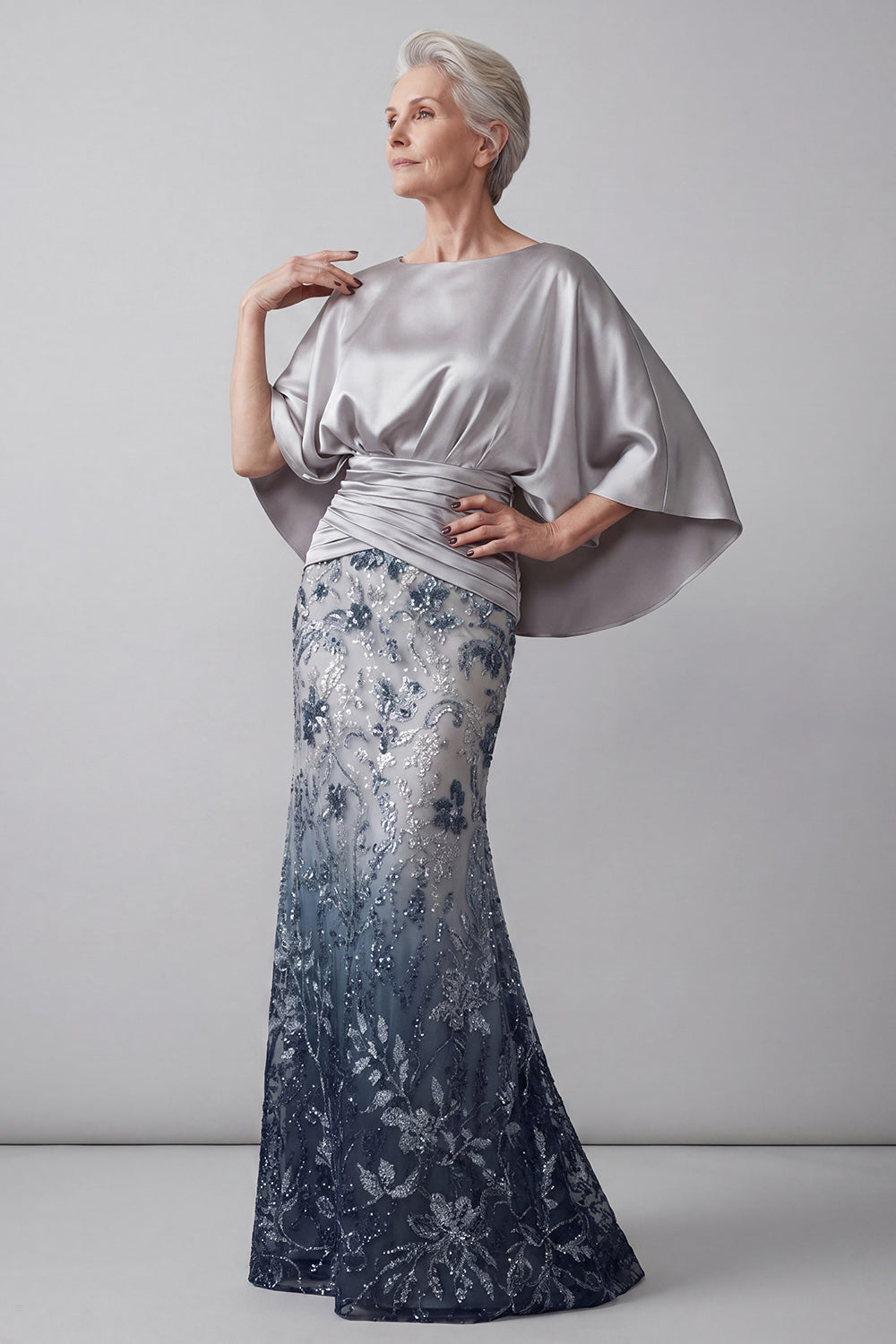Mermaid Long Floral Sparkly Navy Sequin Mother of the Bride Dress