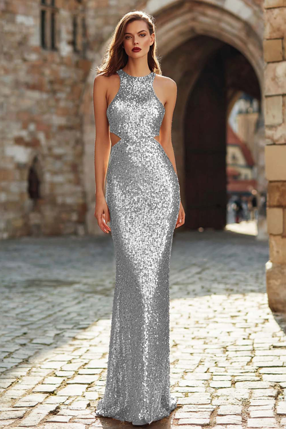 Sparkly Gold Cut Out Sequin Mermaid Long Holiday Party Dress
