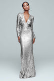 Sparkly Gold Mermaid Sequin V-Neck Long Sleeves Holiday Party Dress