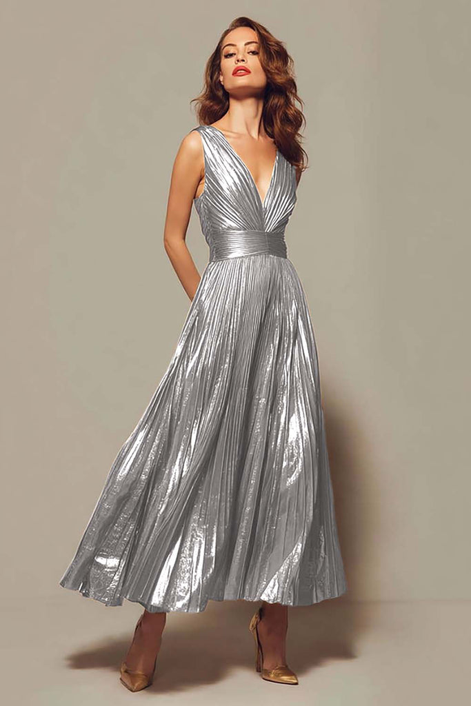 Zapakasa Women Sparkly Gold Metallic Pleated Long Formal Dress V-Neck A