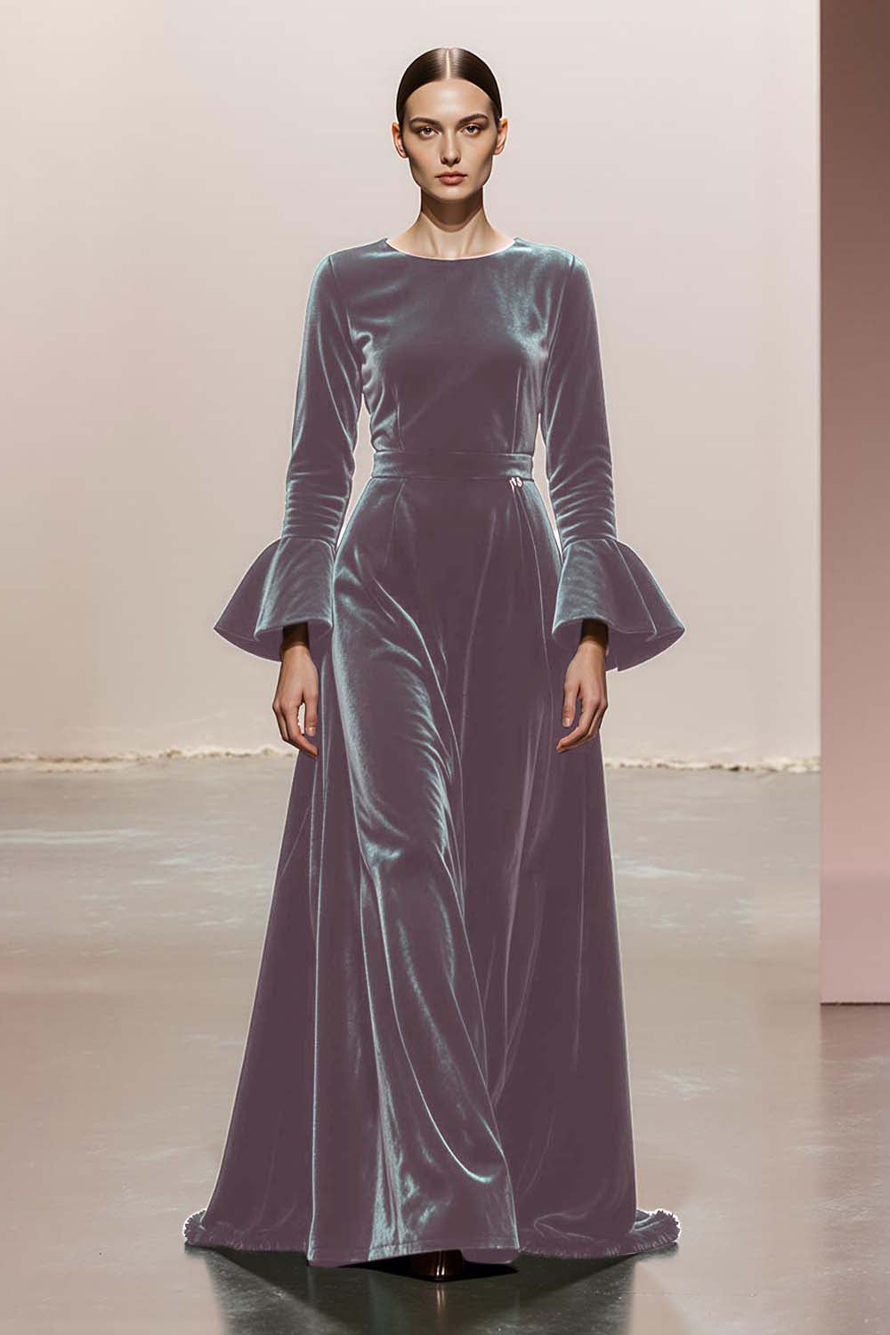 Dark Green Round Neck Velvet A Line Long Formal Dress with Sleeves