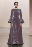 Dark Green Round Neck Velvet A Line Long Formal Dress with Sleeves