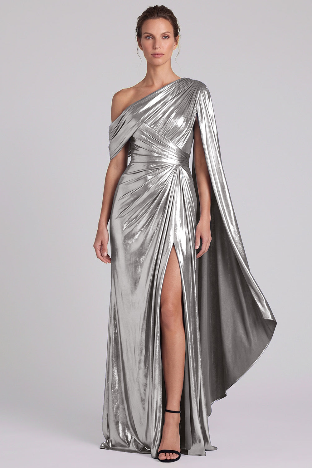 Gold Metallic One Shoulder Sheath Ruched Long Formal Dress with Slit