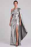 Gold Metallic One Shoulder Sheath Ruched Long Formal Dress with Slit