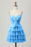 Light Yellow Sweetheart Ruched Ruffled Short Homecoming Dress with Bow