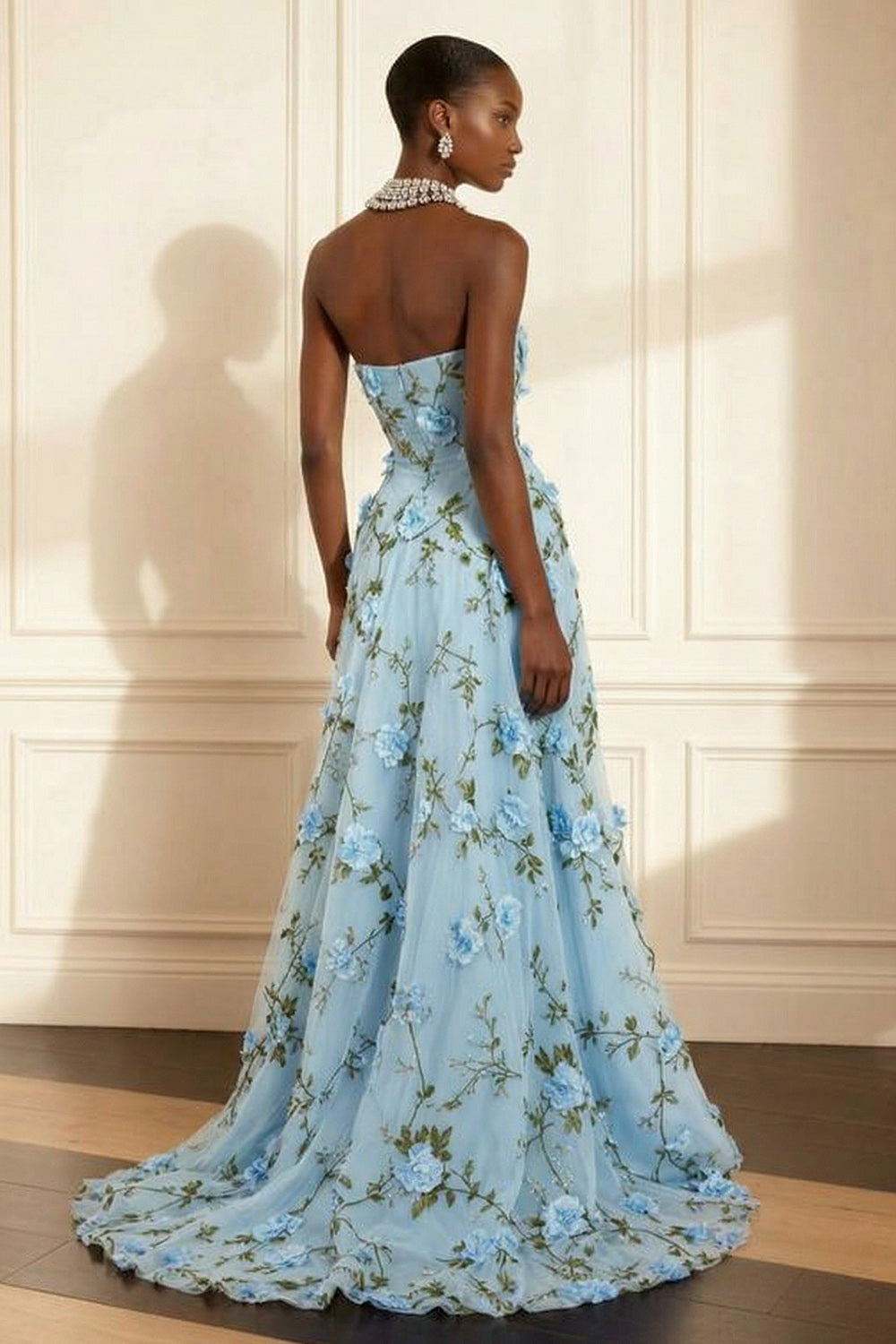 Purple Strapless A Line Floral Corset Long Prom Dress