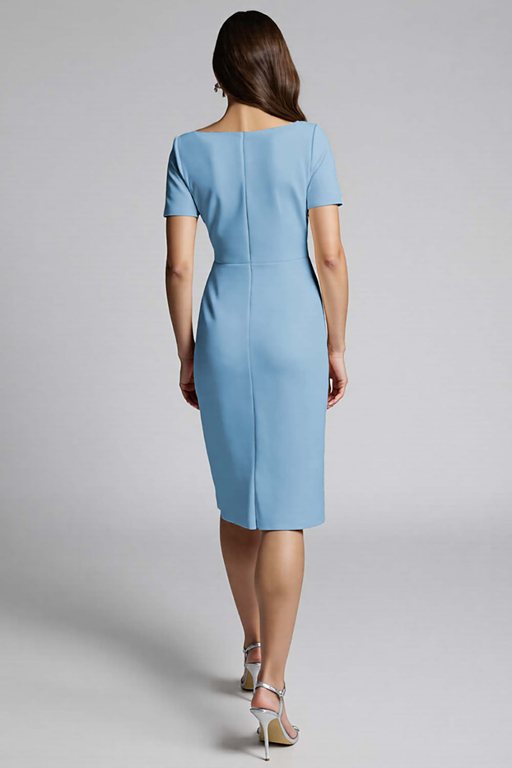 Dusty Blue Bodycon Square Neck Midi Satin Work Dress with Slit