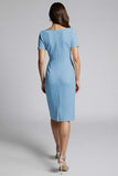 Dusty Blue Bodycon Square Neck Midi Satin Work Dress with Slit