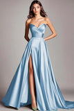 Dusty Blue Satin A Line Strapless Ruched Long Prom Dress with Slit