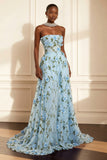 Purple Strapless A Line Floral Corset Long Prom Dress