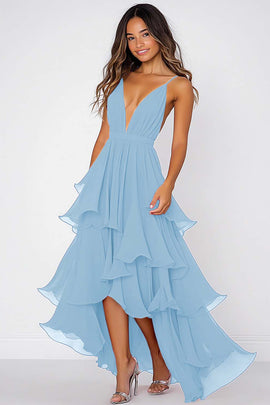 Dusty Sage Deep V-Neck Chiffon Asymmetrical Formal Dress