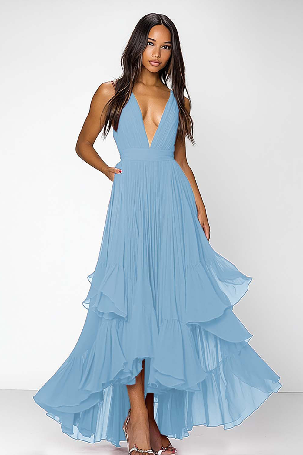 Dusty Blue A Line Deep V-Neck Long Formal Dress with Ruffles