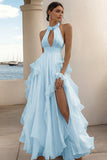 A Line White Ruffled Keyhole Long Rehearsal Dinner Dress with Slit