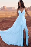 Ivory A Line Sweep Train Ruffled V-Neck Ruched Beach Wedding Dress with Slit