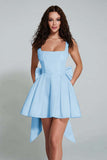 Simple Sky Blue Square Neck A Line Short Homecoming Dress with Bow