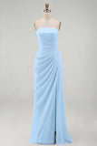 Light Pink Sheath Ruched Long Prom Dress with Slit