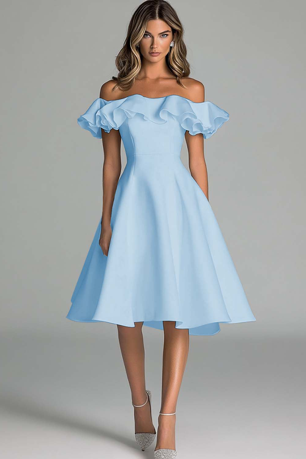 Dusty Blue A Line Satin Off the Shoulder Short Graduation Dress with Ruffles