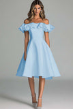 Dusty Blue A Line Satin Off the Shoulder Short Graduation Dress with Ruffles