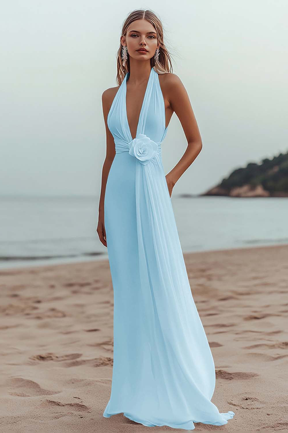 White A Line Deep V-Neck Long Engagement Dress